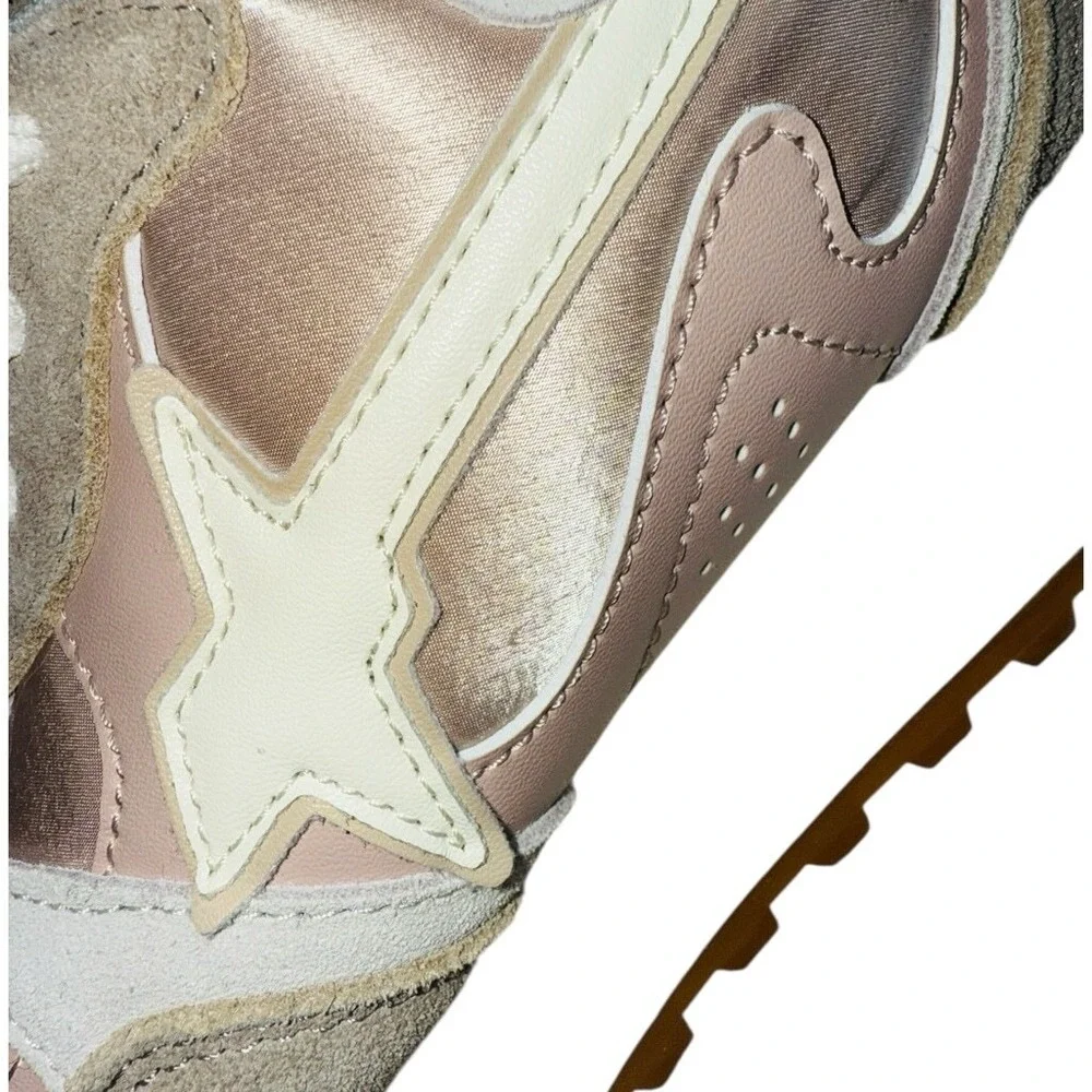 W6YZ Just Say Wizz Pink Satin Beige Suede Women's Lace Up Sneakers Size 7 NWOB